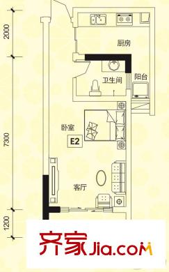 皖都徽韻匯元公寓E2戶型 1室1廳1衛(wèi)1廚