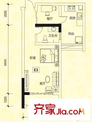 皖都徽韻匯元公寓E3戶型 1室2廳1衛(wèi)1廚