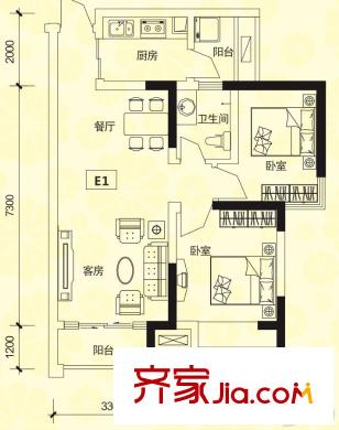 皖都徽韻匯元公寓E1戶型 2室2廳1衛(wèi)1廚