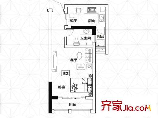 皖都徽韻匯元公寓E2戶型A(居?。?1室1廳1衛(wèi)1廚