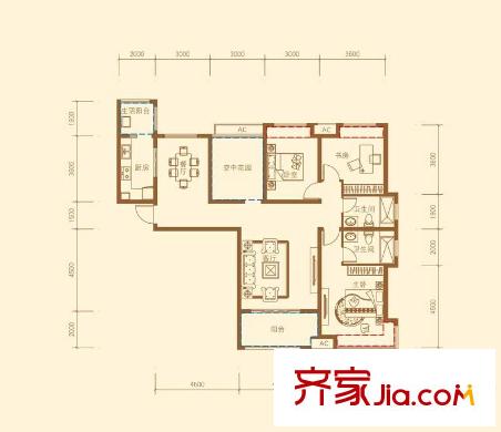 中海原山戶型圖一期雅園B3戶型 3室2廳2衛(wèi)1廚