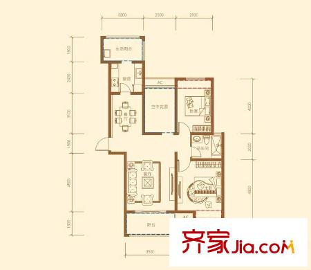 中海原山戶型圖一期雅園A3戶型 2室2廳1衛(wèi)1廚