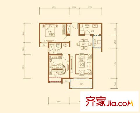 中海原山戶型圖一期雅園B2戶型 2室2廳1衛(wèi)1廚