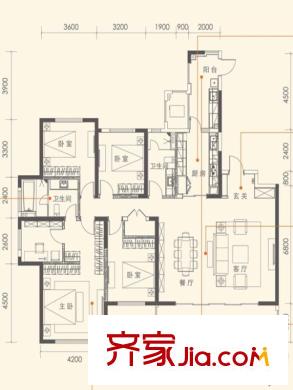 萬科金域華府戶型圖平方米匯B戶型 4室2廳2衛(wèi)1廚