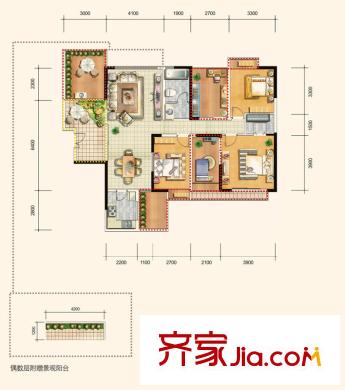 建業(yè)領(lǐng)翔戶型圖一期1#/2#棟 B2戶型  3室2廳1衛(wèi)1廚