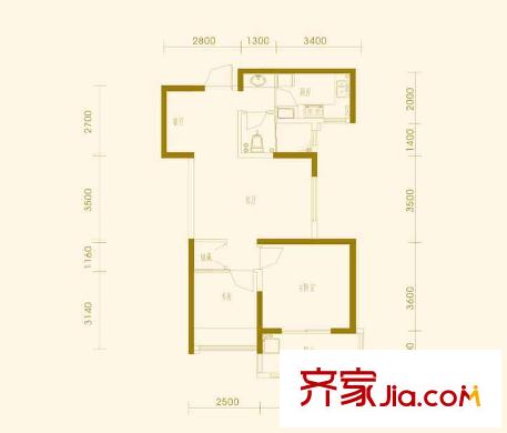融僑中央美域戶型圖9#樓B2戶型 2室2廳1衛(wèi)1廚
