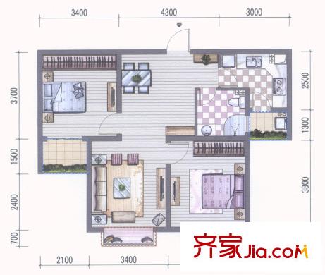 東海星城戶型圖5期23/24#E2戶型 2室2廳1衛(wèi)1廚
