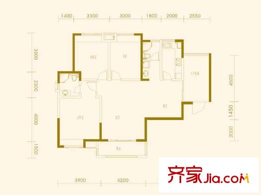 融僑中央美域戶型圖9#樓B1戶型 3室2廳1衛(wèi)1廚