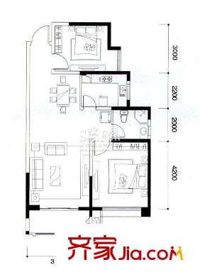 頂峰國際公寓戶型圖C戶型兩房兩廳一衛(wèi) 2室2廳1衛(wèi)1廚