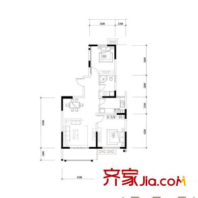 頂峰國際公寓戶型圖D3戶型 2室2廳1衛(wèi)1廚