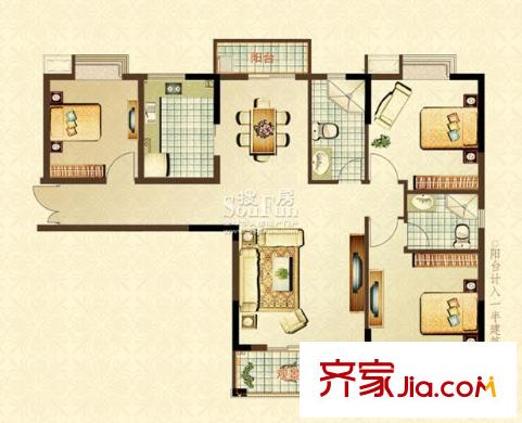 多倫多國際花園3室2廳2衛(wèi)約克金爵119平戶型 3室2廳2衛(wèi)1廚