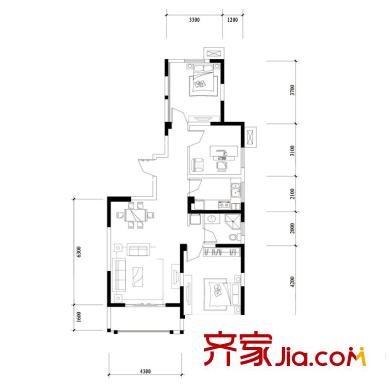 頂峰國際公寓戶型圖D1戶型 3室2廳1衛(wèi)1廚