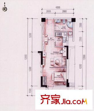 綠城玉蘭公寓 1室 戶型圖