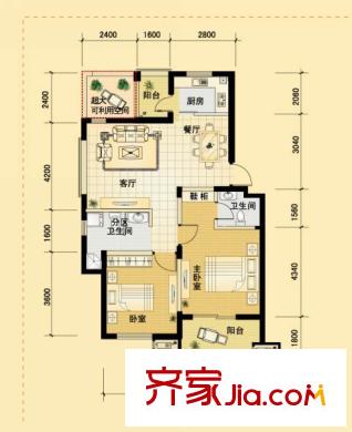 東冠繁華逸城戶(hù)型圖四期F戶(hù)型 2室2廳2衛(wèi)1廚