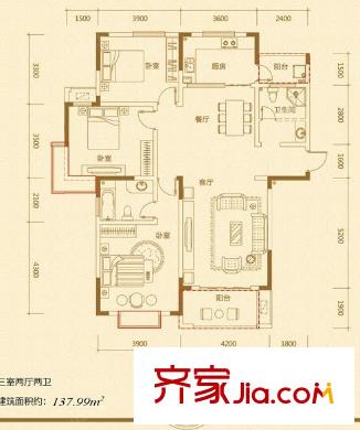 碧湖云溪戶型圖20-7 3室2廳1衛(wèi)1廚