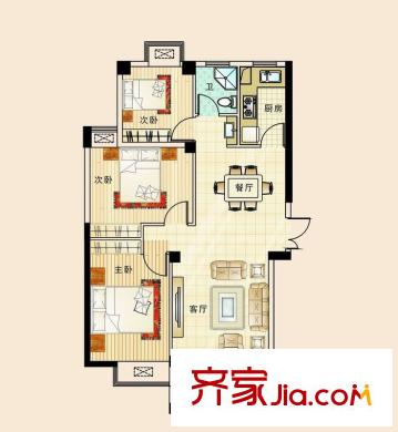 華陽九瓏灣戶型圖E戶型 3室2廳1衛(wèi)1廚
