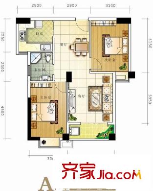 華陽九瓏灣戶型圖A戶型 2室2廳1衛(wèi)1廚
