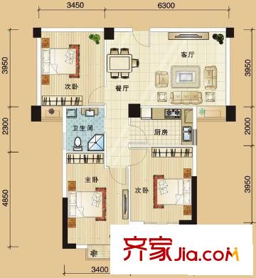 華陽九瓏灣戶型圖B戶型 3室2廳1衛(wèi)1廚