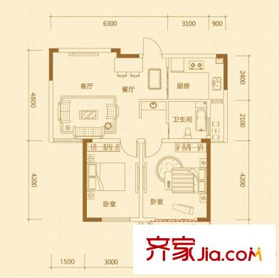 碧湖云溪B戶型 2室2廳1衛(wèi)1廚