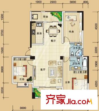 華陽九瓏灣戶型圖E戶型 3室2廳2衛(wèi)1廚