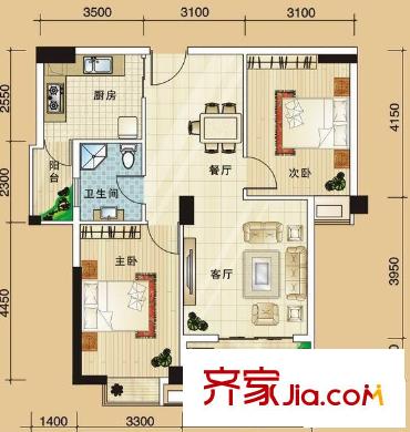 華陽九瓏灣戶型圖A戶型 2室2廳1衛(wèi)1廚