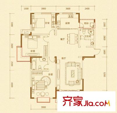 碧湖云溪D戶型 3室2廳1衛(wèi)1廚