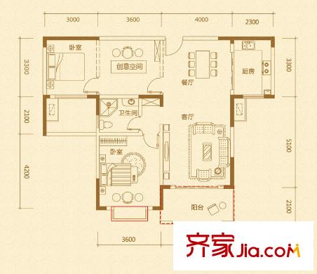 碧湖云溪I戶型 2室2廳1衛(wèi)1廚