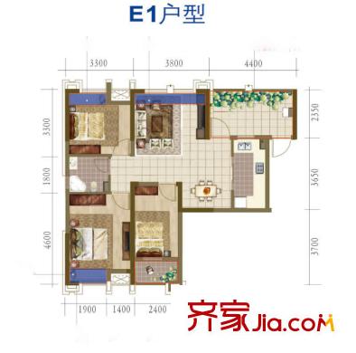 印象西湖戶型圖E1戶型 3室2廳1衛(wèi)1廚