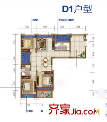 印象西湖戶型圖D1戶型 3室2廳1衛(wèi)1廚