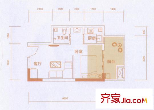 江南新里程戶(hù)型圖F2戶(hù)型 1室1廳1衛(wèi)1廚