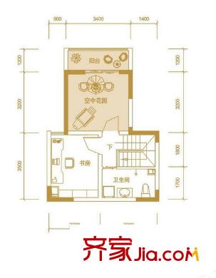 江南新里程戶(hù)型圖H2戶(hù)型復(fù)式二層 1室2廳2衛(wèi)1廚