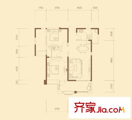 國貿(mào)天琴灣戶型圖11#12#13#樓E2戶型 2室2廳1衛(wèi)1廚