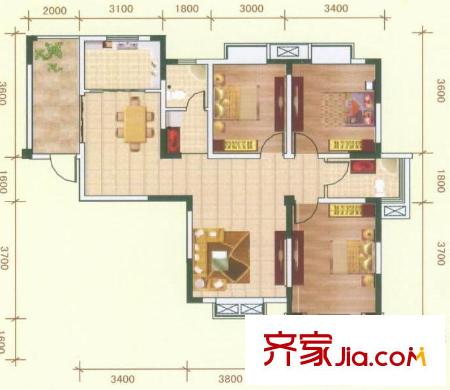 濱湖前城戶型圖A2戶型 3室2廳2衛(wèi)1廚