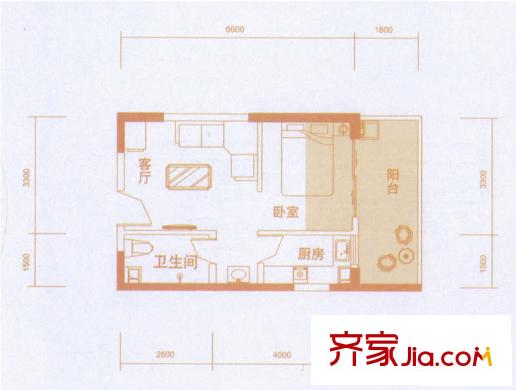 江南新里程戶(hù)型圖G戶(hù)型 1室1廳1衛(wèi)1廚