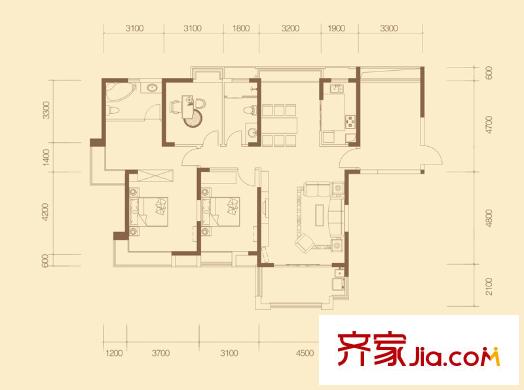 國貿(mào)天琴灣戶型圖11#12#13#樓E1戶型 3室2廳2衛(wèi)1廚