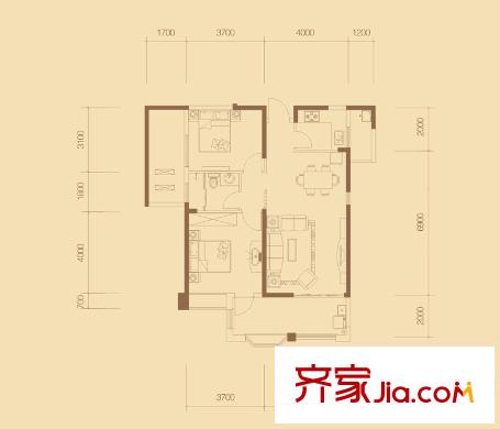 國貿(mào)天琴灣戶型圖7#樓E2戶型 2室2廳1衛(wèi)1廚