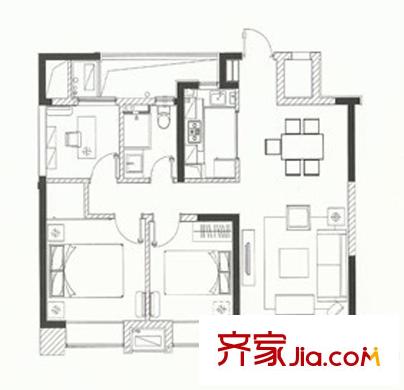 濱湖萬科城B1戶型 3室2廳1衛(wèi)1廚