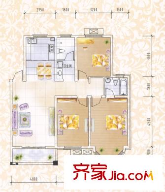 海洲景秀世家戶型圖三期B組團(tuán) 3室2廳2衛(wèi)1廚