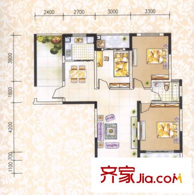 海洲景秀世家戶型圖三期B組團(tuán) 3室2廳1衛(wèi)1廚