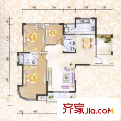 海洲景秀世家戶型圖三期B組團(tuán) 3室2廳2衛(wèi)1廚