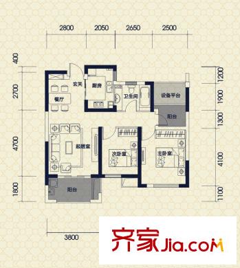 保利拉菲公館A2戶型 2室2廳1衛(wèi)1廚