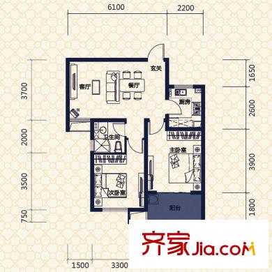保利拉菲公館B2戶型 2室2廳1衛(wèi)1廚