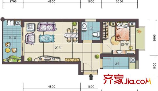 戴斯明月綠洲公寓一期酒店式公寓標準層55平方米戶型 1室1廳1衛(wèi)1廚