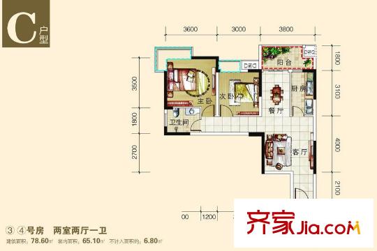 麗都錦城四期11/16號樓標(biāo)準(zhǔn)層C戶型 2室2廳1衛(wèi)1廚