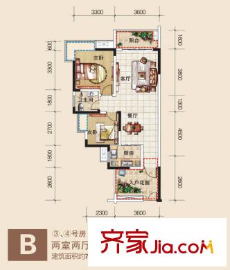 麗都錦城四期15號樓標(biāo)準(zhǔn)層B戶型3、4號 2室2廳1衛(wèi)1廚