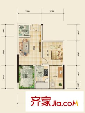 誠投天鄰水岸二期B棟標準層B3戶型 1室2廳1衛(wèi)1廚