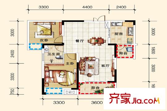 麗都錦城四期14號樓標(biāo)準(zhǔn)層H戶型3/4號房 2室2廳1衛(wèi)1廚