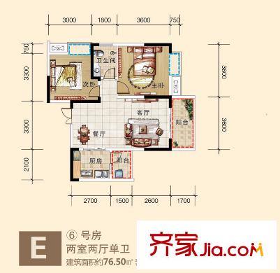 麗都錦城四期13號樓標(biāo)準(zhǔn)層E戶型 2室2廳1衛(wèi)1廚