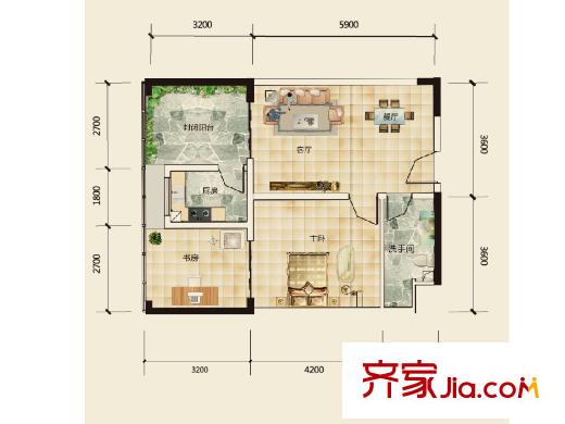 誠投天鄰水岸二期B棟標準層A4戶型 1室2廳1衛(wèi)1廚