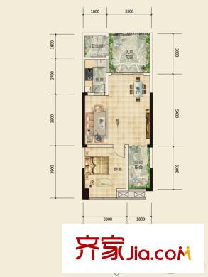誠投天鄰水岸二期B棟標準層B4戶型 1室2廳1衛(wèi)1廚